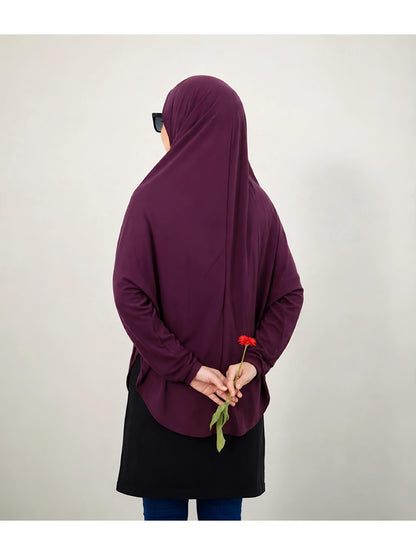 Premium Instant Khimar Hijab with Sleeves – Deep Plum | Soft Stretch Jersey