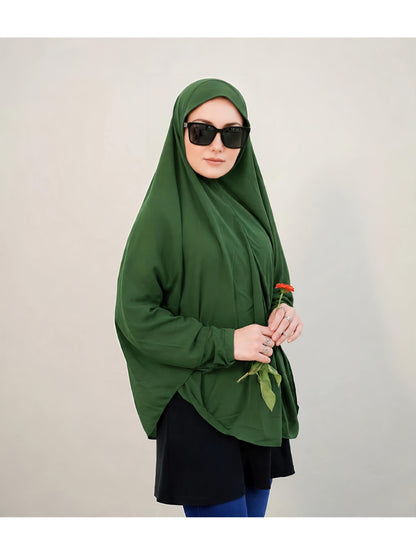 Premium Instant Khimar Hijab with Sleeves – Forest Green | Soft Stretch Jersey
