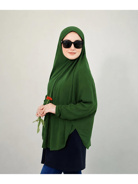 Premium Instant Khimar Hijab with Sleeves – Forest Green | Soft Stretch Jersey