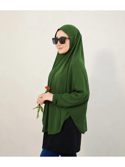 Premium Instant Khimar Hijab with Sleeves – Forest Green | Soft Stretch Jersey