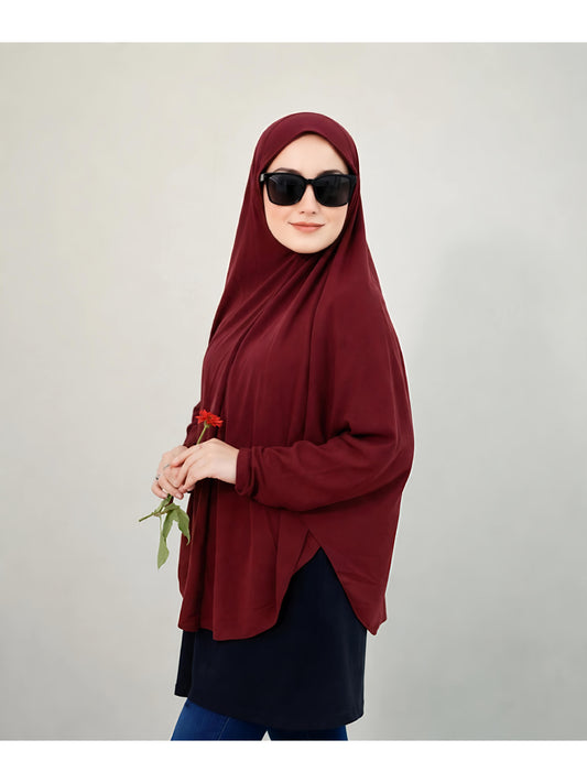 Premium Instant Khimar Hijab with Sleeves – Maroon | Soft Stretch Jersey