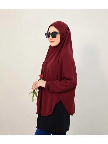 Premium Instant Khimar Hijab with Sleeves – Maroon | Soft Stretch Jersey
