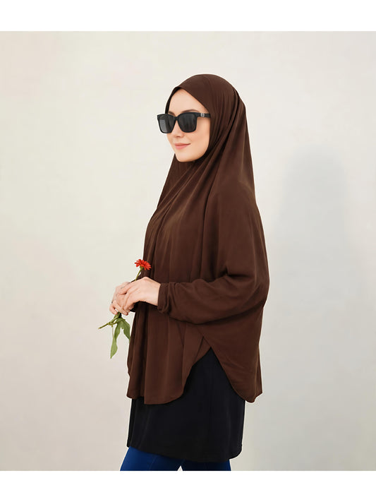Premium Instant Khimar Hijab with Sleeves – Chocolate Brown | Soft Stretch Jersey