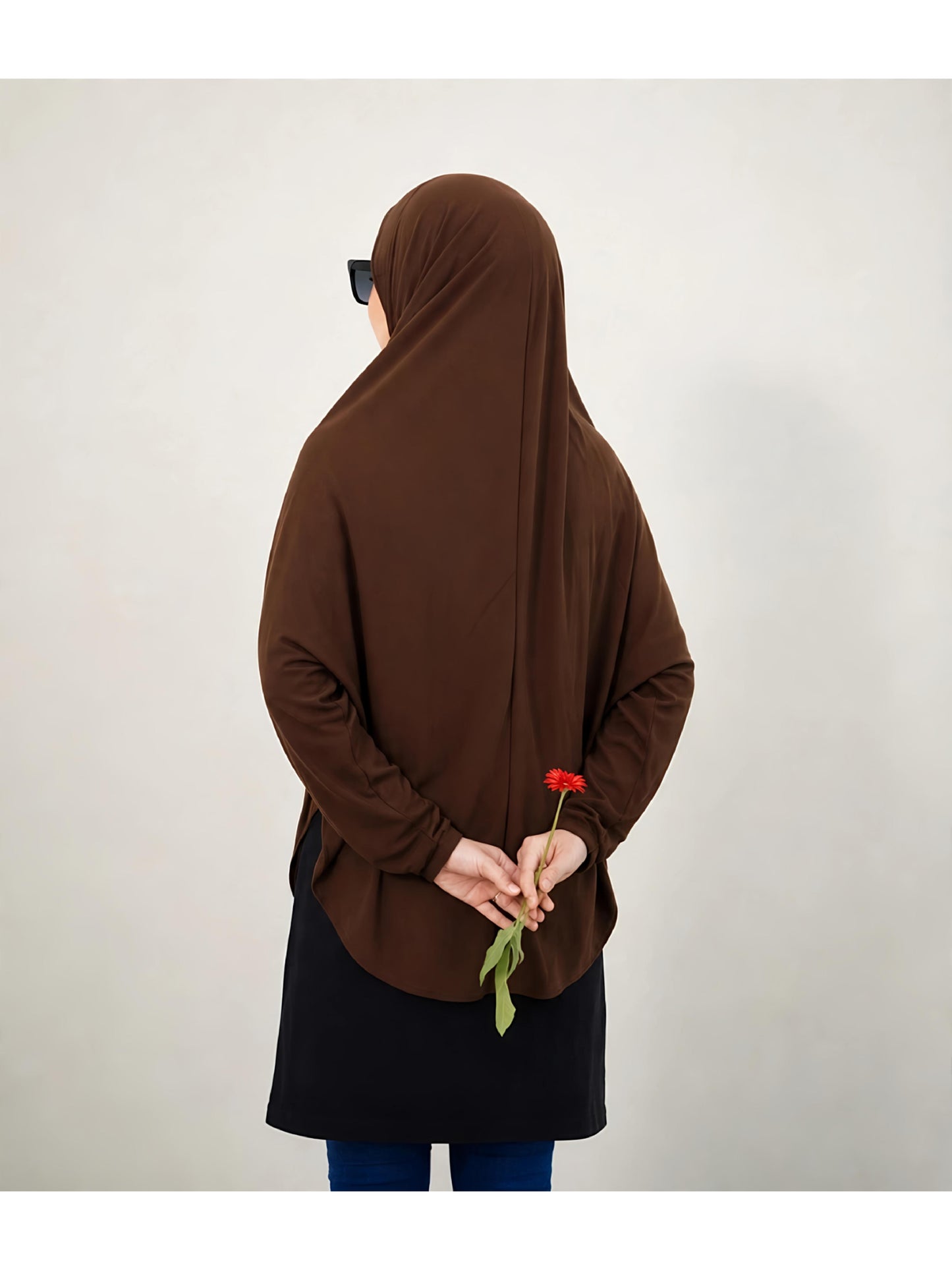 Premium Instant Khimar Hijab with Sleeves – Chocolate Brown | Soft Stretch Jersey