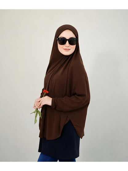 Premium Instant Khimar Hijab with Sleeves – Chocolate Brown | Soft Stretch Jersey