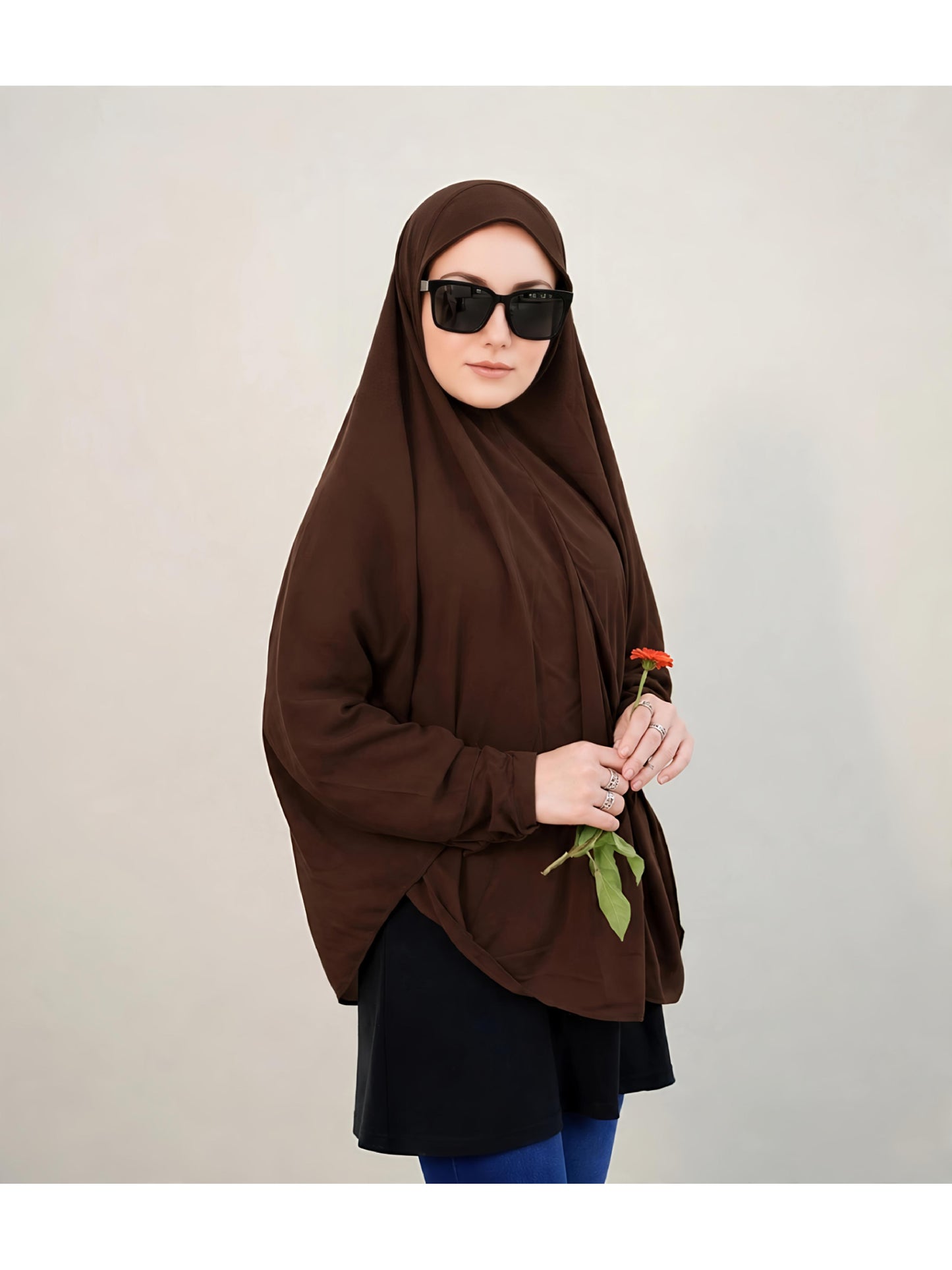 Premium Instant Khimar Hijab with Sleeves – Chocolate Brown | Soft Stretch Jersey