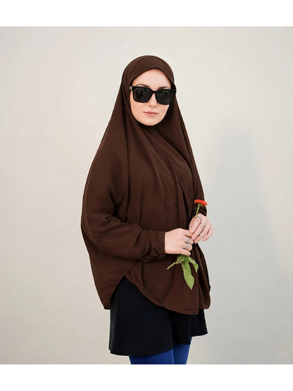 Premium Instant Khimar Hijab with Sleeves – Chocolate Brown | Soft Stretch Jersey