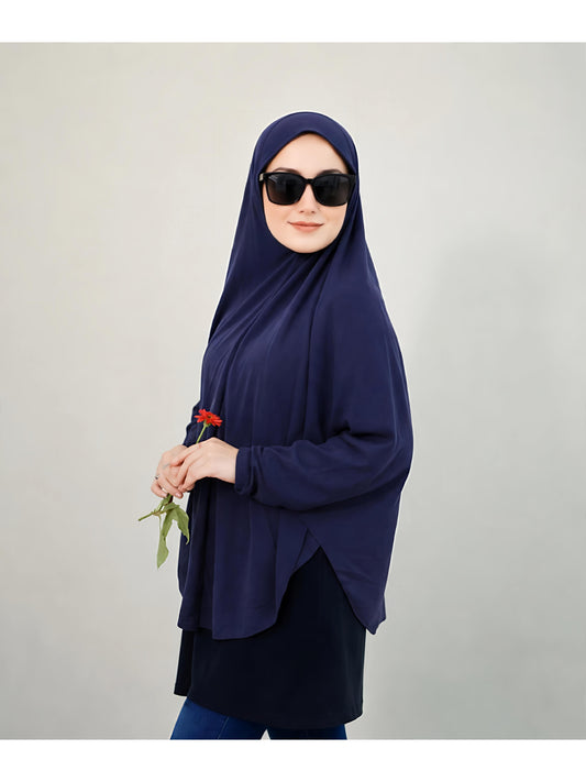 Premium Instant Khimar Hijab with Sleeves – Navy Blue | Soft Stretch Jersey