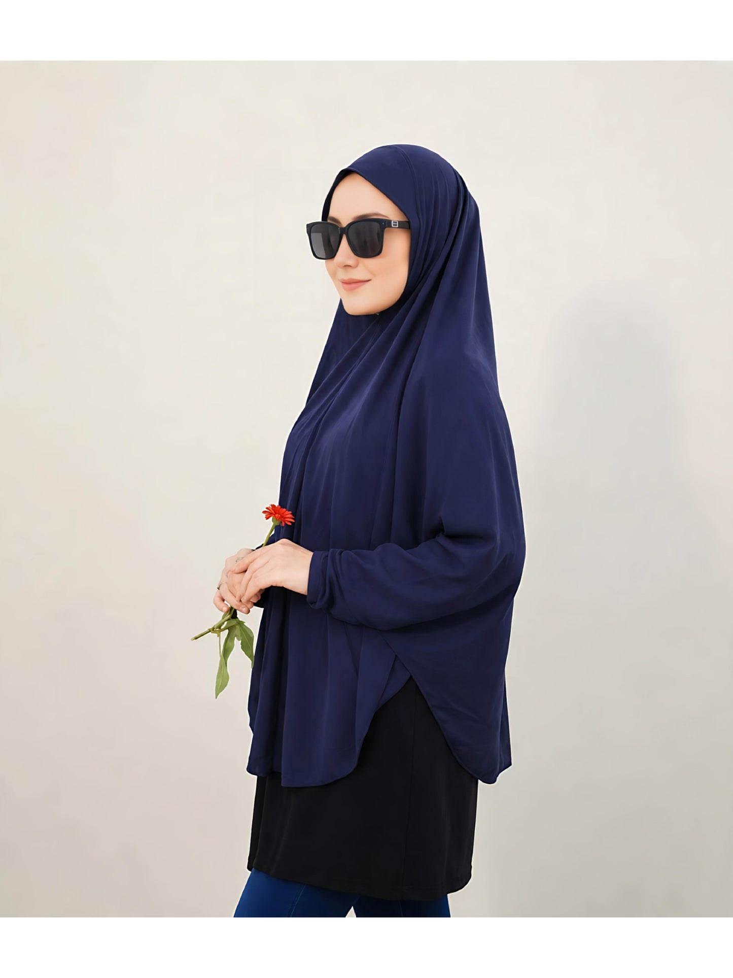 Premium Instant Khimar Hijab with Sleeves – Navy Blue | Soft Stretch Jersey