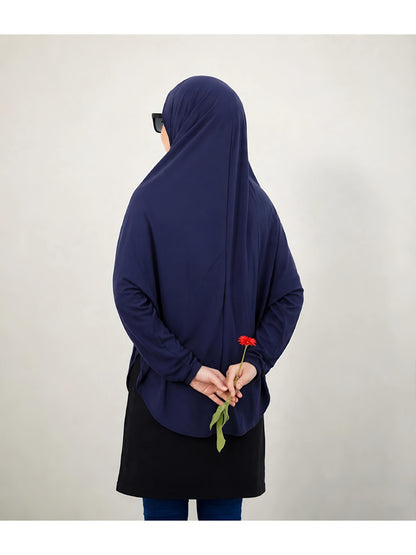 Premium Instant Khimar Hijab with Sleeves – Navy Blue | Soft Stretch Jersey