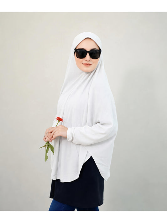 Premium Instant Khimar Hijab with Sleeves – Pure White | Soft Stretch Jersey
