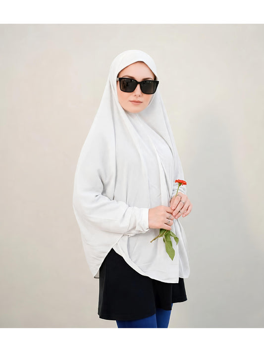 Premium Instant Khimar Hijab with Sleeves – Pure White | Soft Stretch Jersey