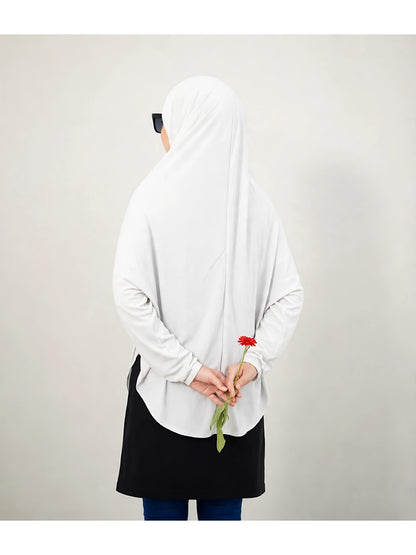 Premium Instant Khimar Hijab with Sleeves – Pure White | Soft Stretch Jersey