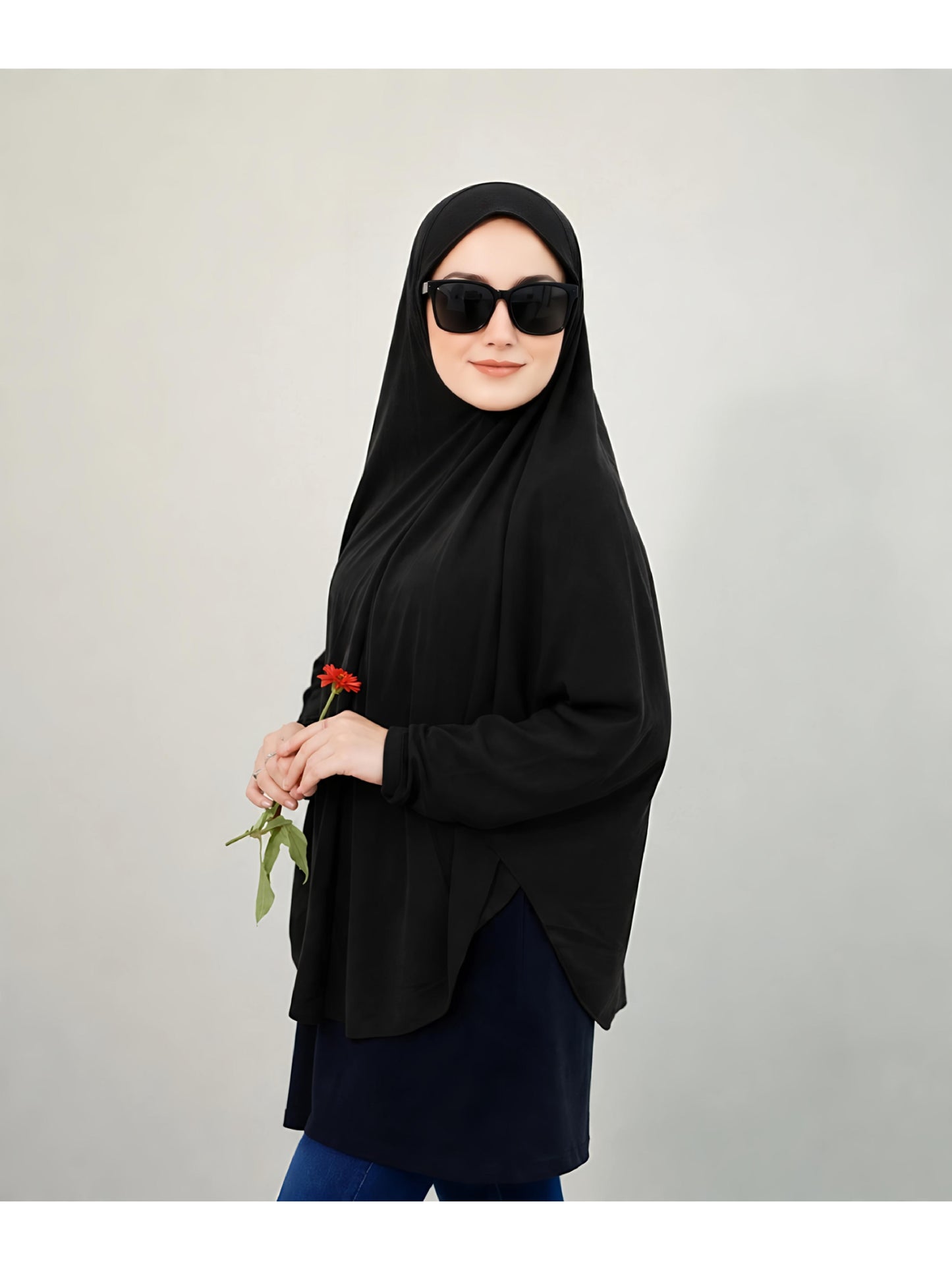 Premium Instant Khimar Hijab with Sleeves – Classic Black | Soft Stretch Jersey