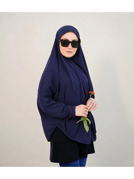 Premium Instant Khimar Hijab with Sleeves – Navy Blue | Soft Stretch Jersey