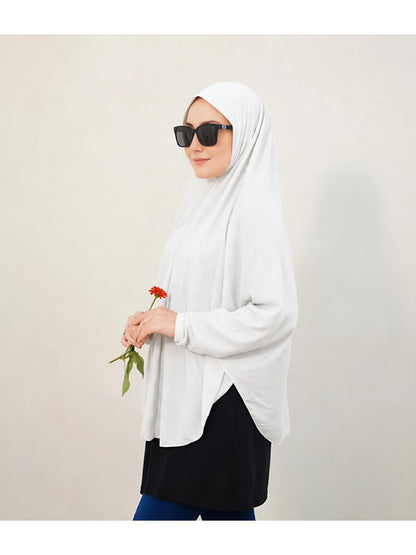 Premium Instant Khimar Hijab with Sleeves – Pure White | Soft Stretch Jersey