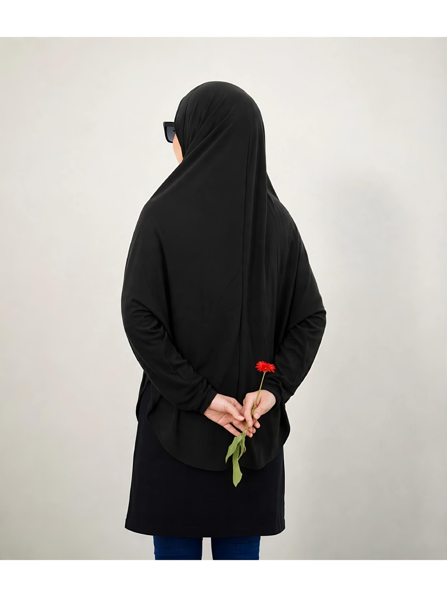 Premium Instant Khimar Hijab with Sleeves – Classic Black | Soft Stretch Jersey