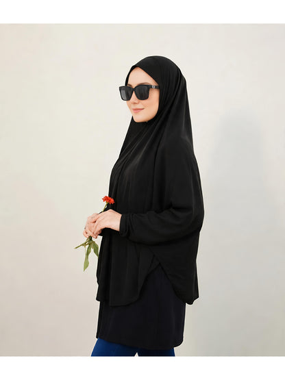 Premium Instant Khimar Hijab with Sleeves – Classic Black | Soft Stretch Jersey