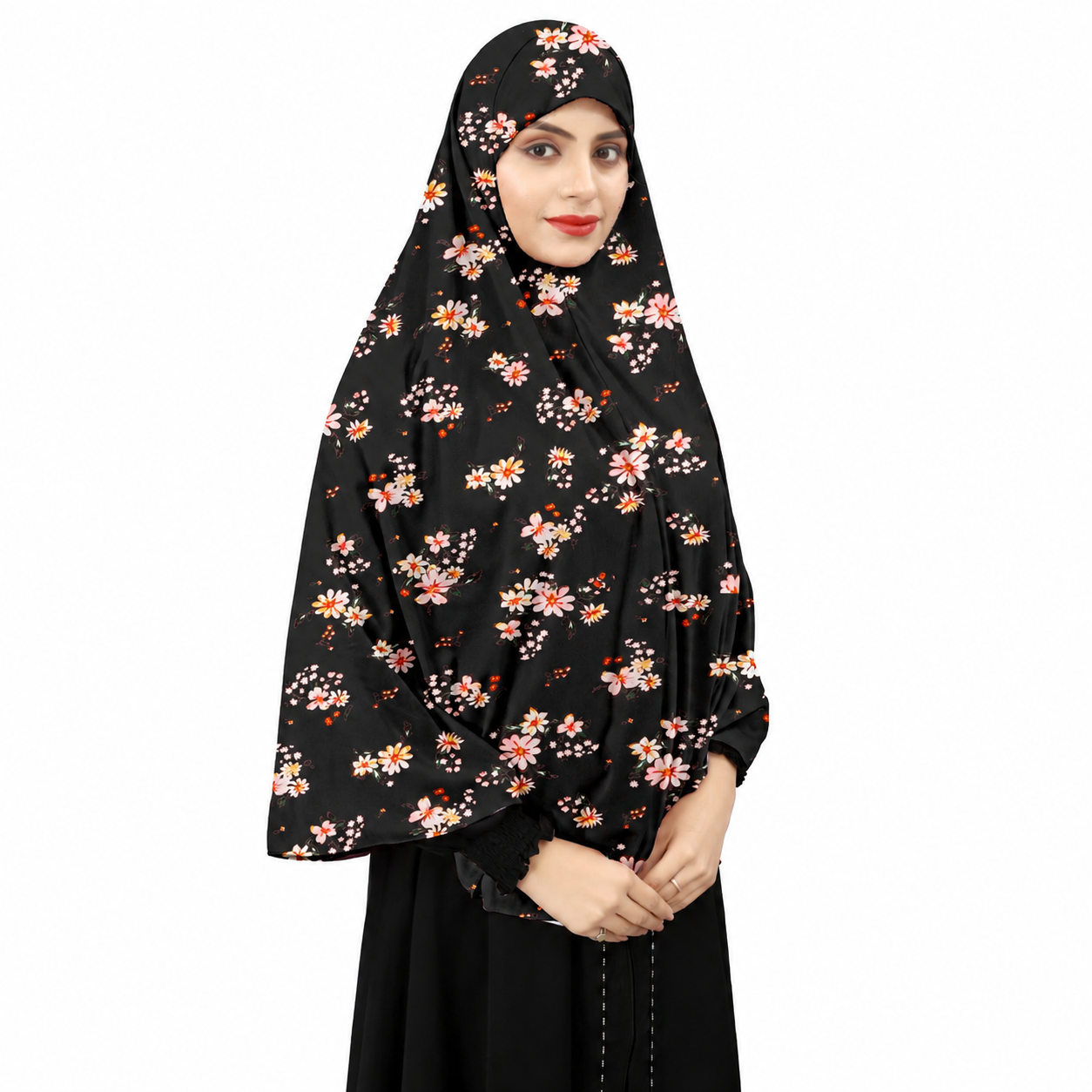 Premium Black Floral Print Instant Khimar Hijab with Sleeves – Soft Stretch Jersey