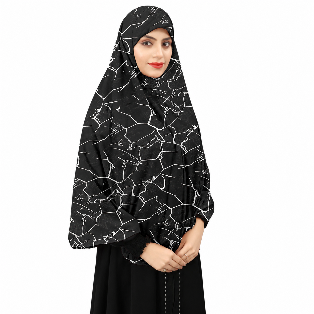 Premium Marble Print Instant Khimar Hijab with Sleeves – Black | Soft Stretch Jersey