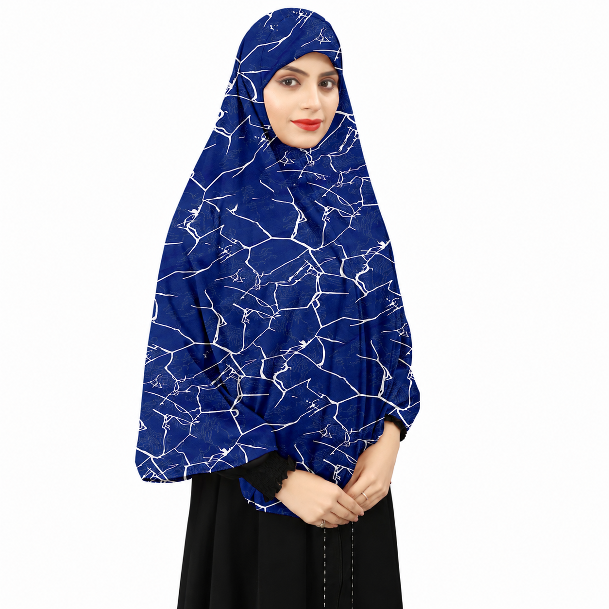 Premium Marble Print Instant Khimar Hijab with Sleeves – Royal Blue | Soft Stretch Jersey | Marjina Trends