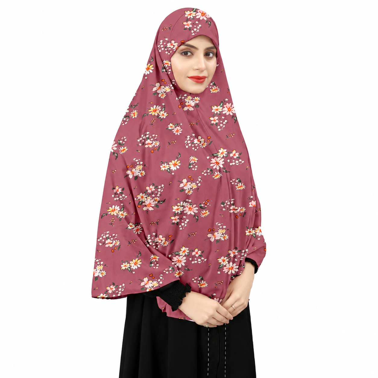 Premium Dusty Rose Floral Print Instant Khimar Hijab with Sleeves – Soft Stretch Jersey