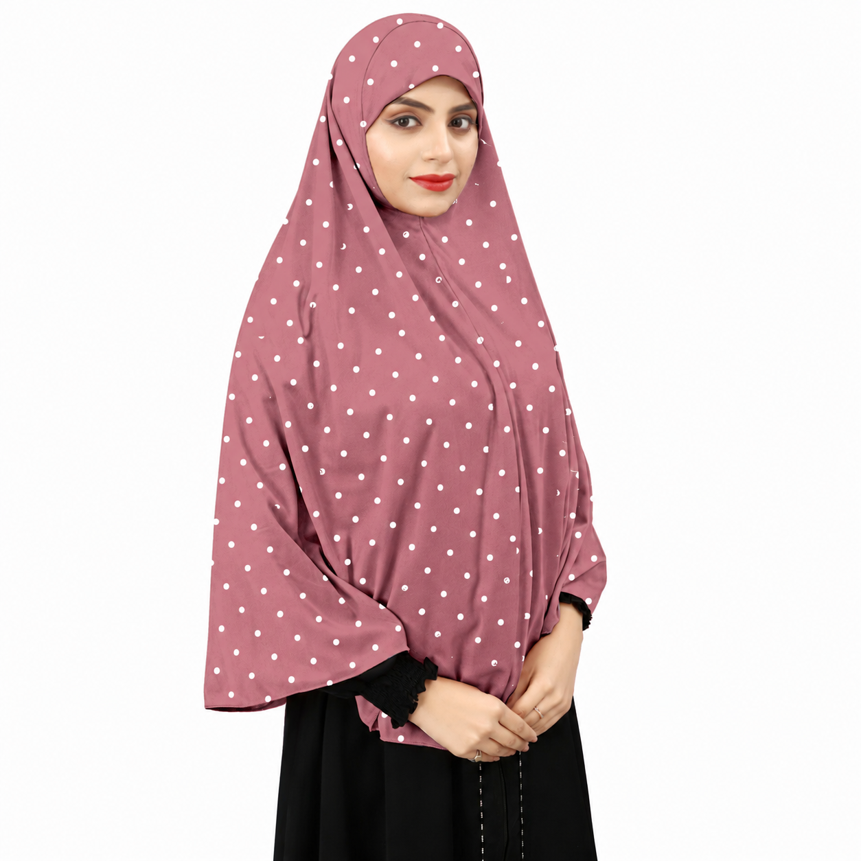 Premium Polka Dot Instant Khimar Hijab with Sleeves – Dusty Pink | Soft Stretch Jersey