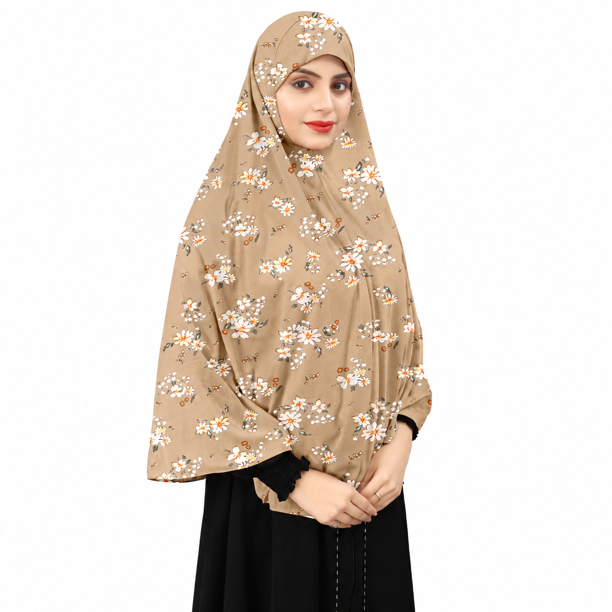 Premium Beige Floral Print Instant Khimar Hijab with Sleeves – Soft Stretch Jersey
