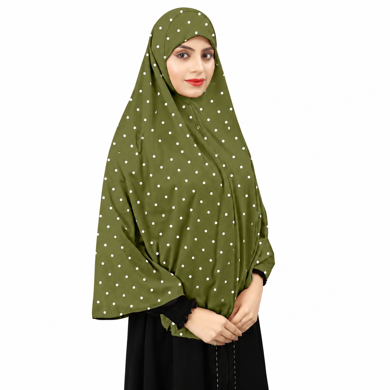 Premium Polka Dot Instant Khimar Hijab with Sleeves – Olive Green | Soft Stretch Jersey
