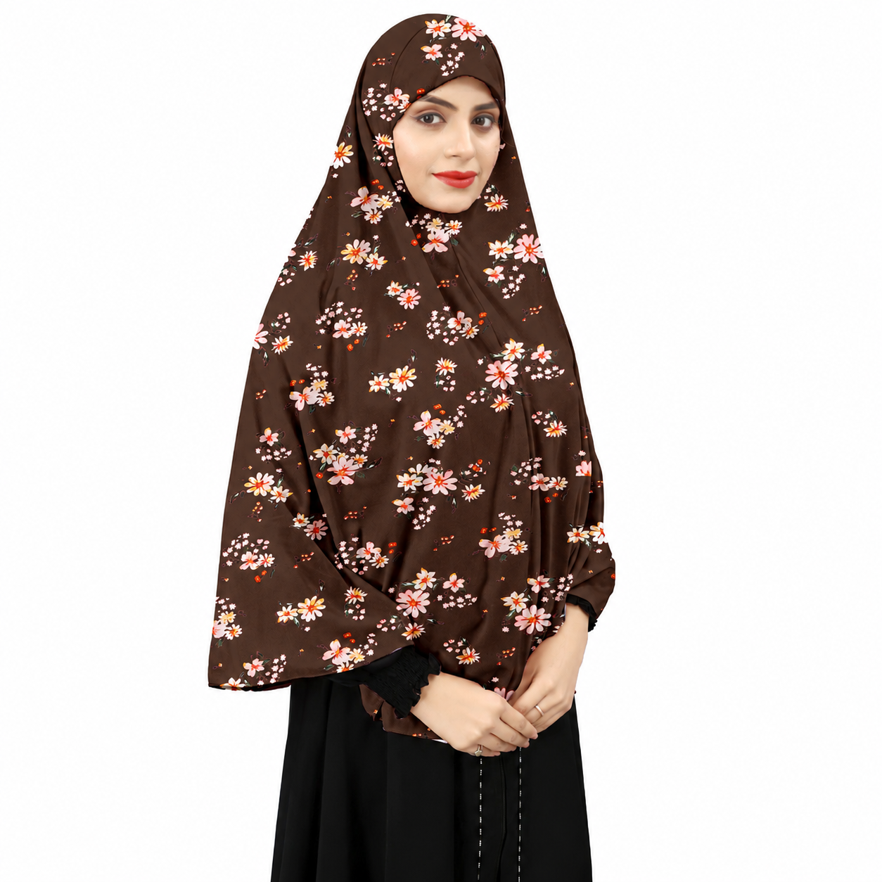 Premium Brown Floral Print Instant Khimar Hijab with Sleeves – Soft Stretch Jersey
