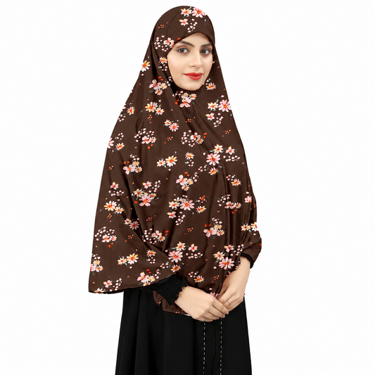 Premium Brown Floral Print Instant Khimar Hijab with Sleeves – Soft Stretch Jersey