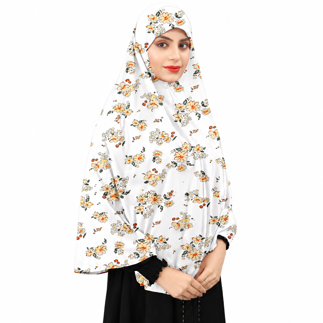 Premium White Floral Print Instant Khimar Hijab with Sleeves – Soft Stretch Jersey