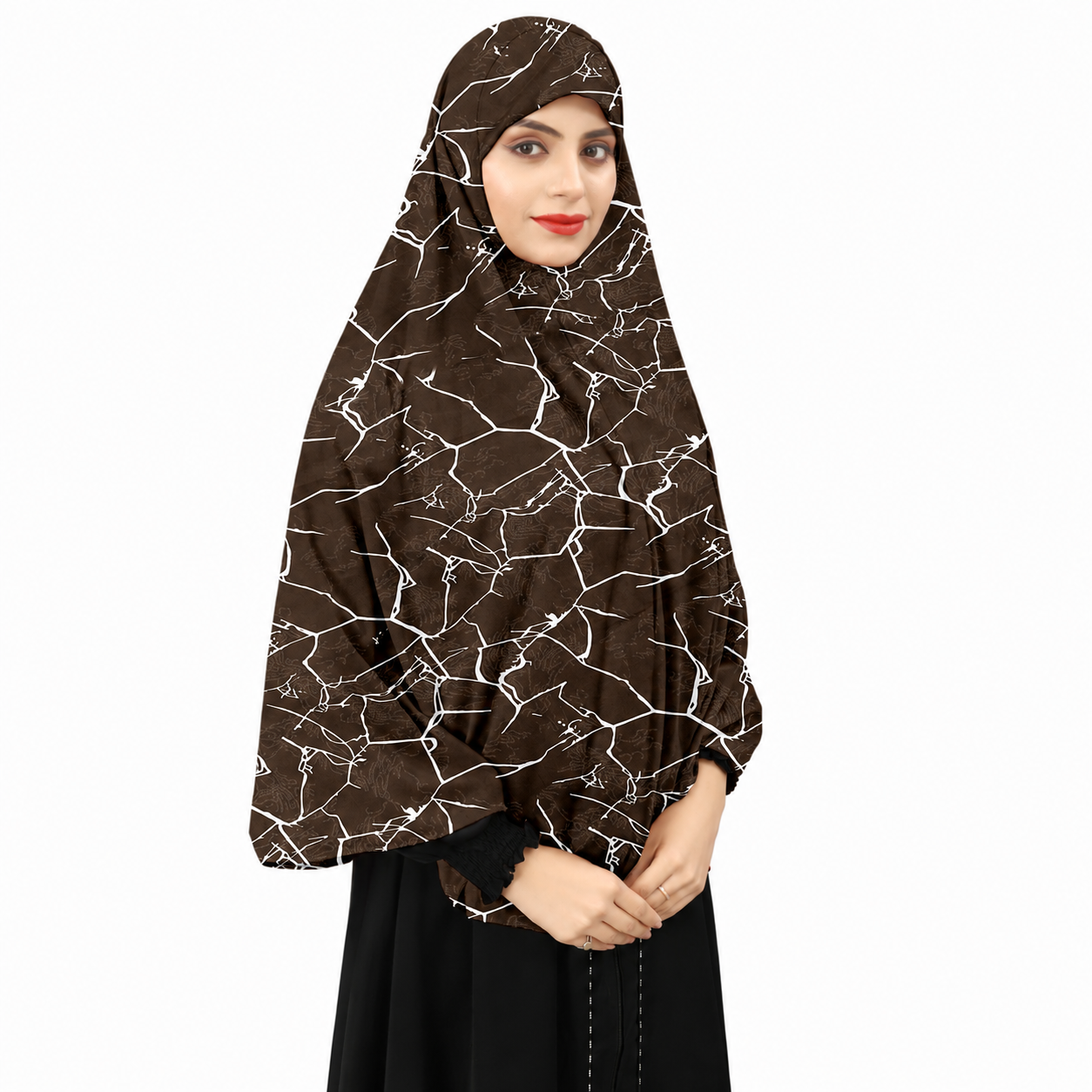 Premium Marble Print Instant Khimar Hijab with Sleeves – Chocolate Brown