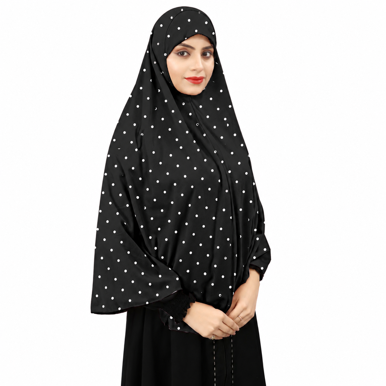 Premium Polka Dot Instant Khimar Hijab with Sleeves – Black | Soft Stretch Jersey